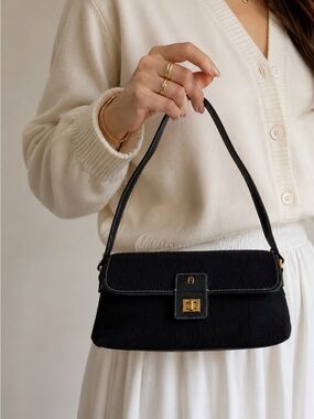 Vintage Etienne Aigner Black Baguette Gold Logo Canvas Leather Trim Y2K